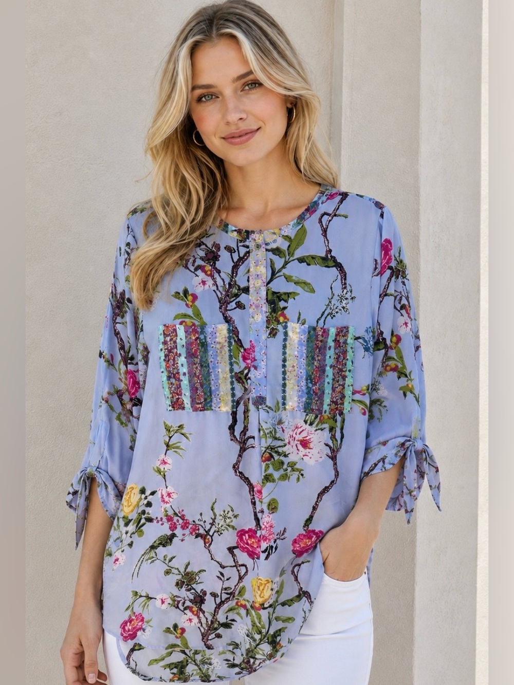 Olive Hill Lavender Floral Tunic with chiffon Textured Pocket Accents